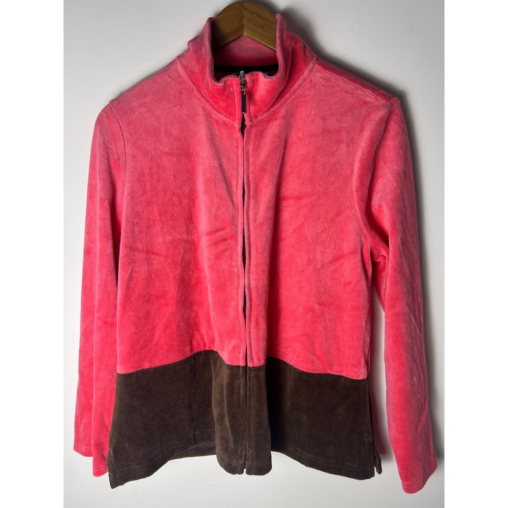 Appleseed's Petite Velour Track Jacket PM Pink Brown Colorblock Zip Up Retro Y2K